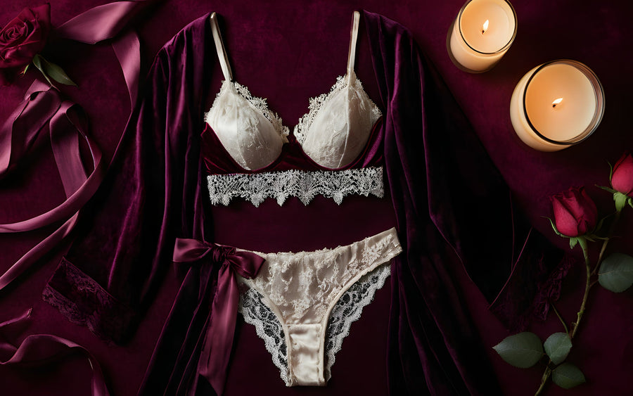 Flat lay of an ivory lace bra and panty on a plum velvet robe with satin ribbons, roses and candles