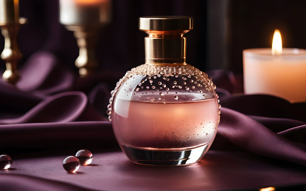Clear gel droplets and a glass bottle on blush satin