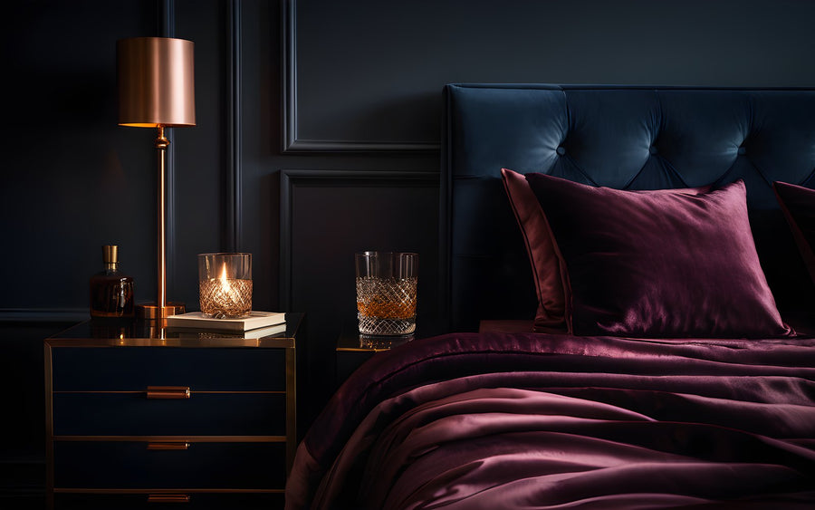 Navy satin bedding with warm lamp light