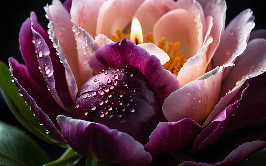 A dewy pink peony on plum satin