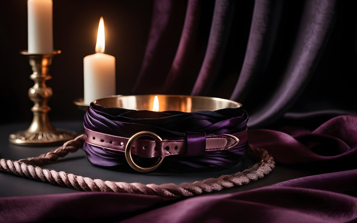 Leather cuffs, silk rope and blindfold on plum velvet