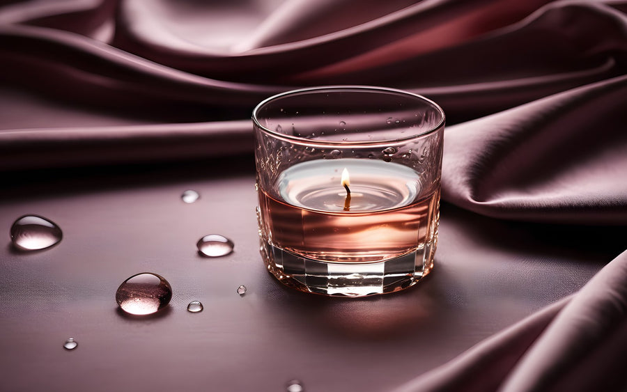 Water droplets on blush silk and a glass of water