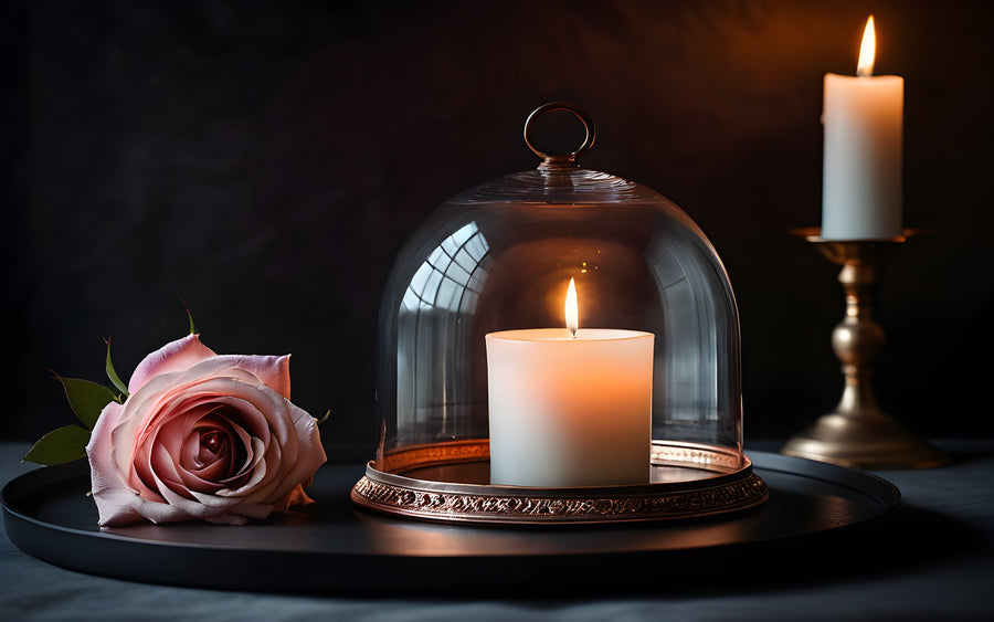 Glass cloche with a candle on charcoal satin