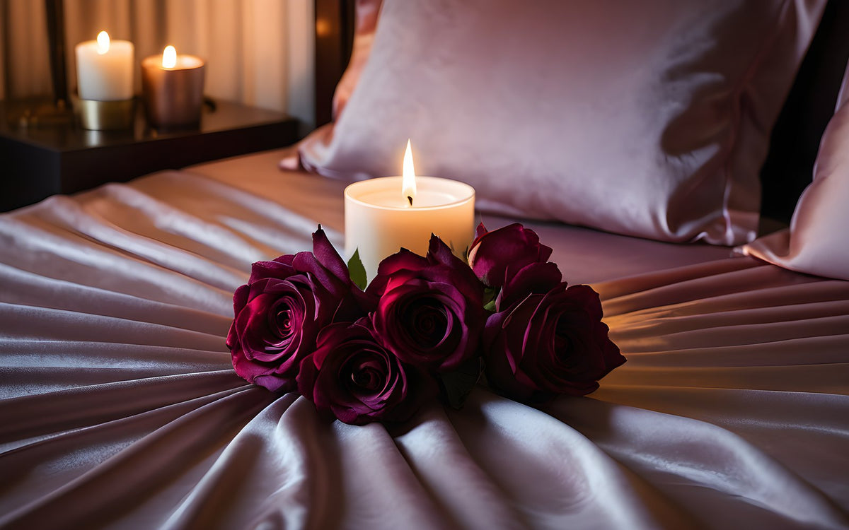 Blush satin sheets, rose petals and a candle