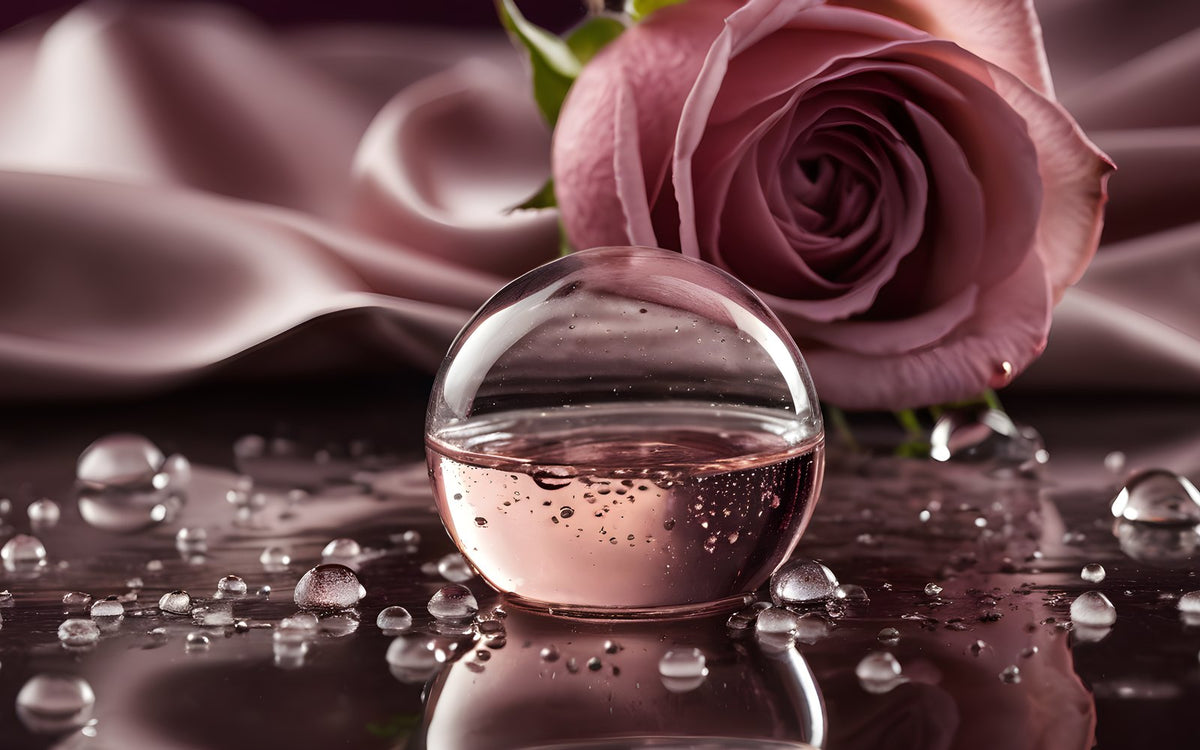 Water droplets on glass over blush satin
