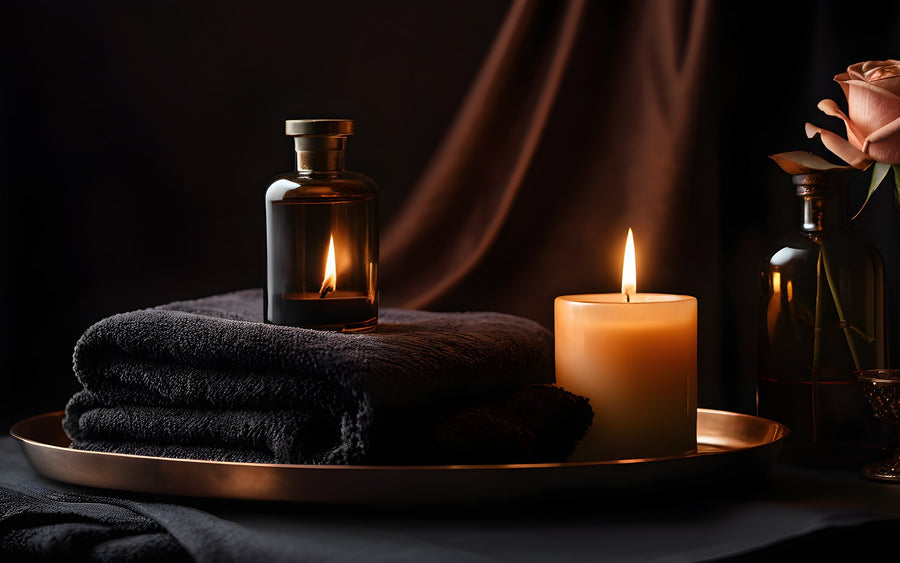 Massage oil, towel and candle on charcoal satin
