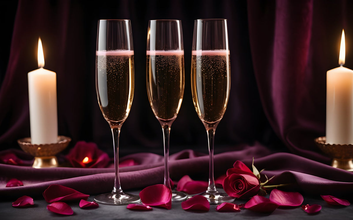 Two champagne glasses and rose petals on plum velvet