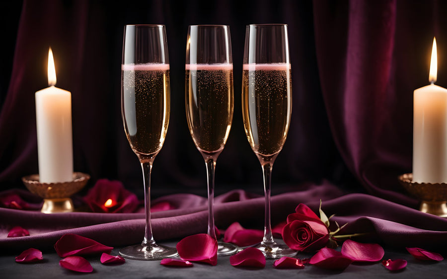 Two champagne glasses and rose petals on plum velvet