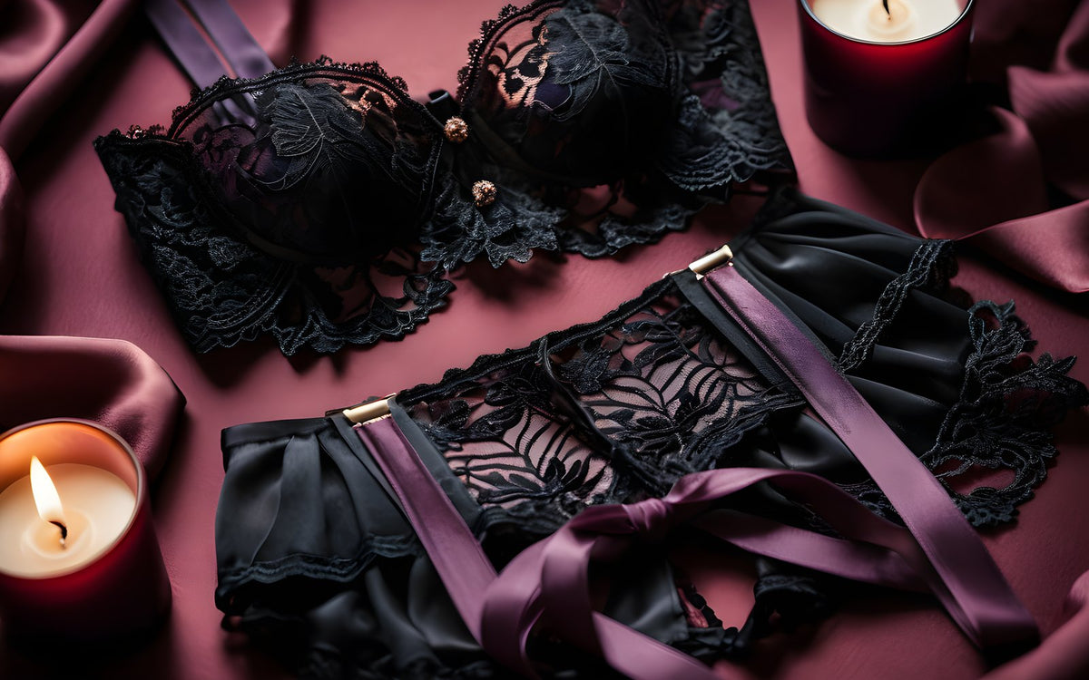 Black lace garter belt, stockings and satin chemise flat lay