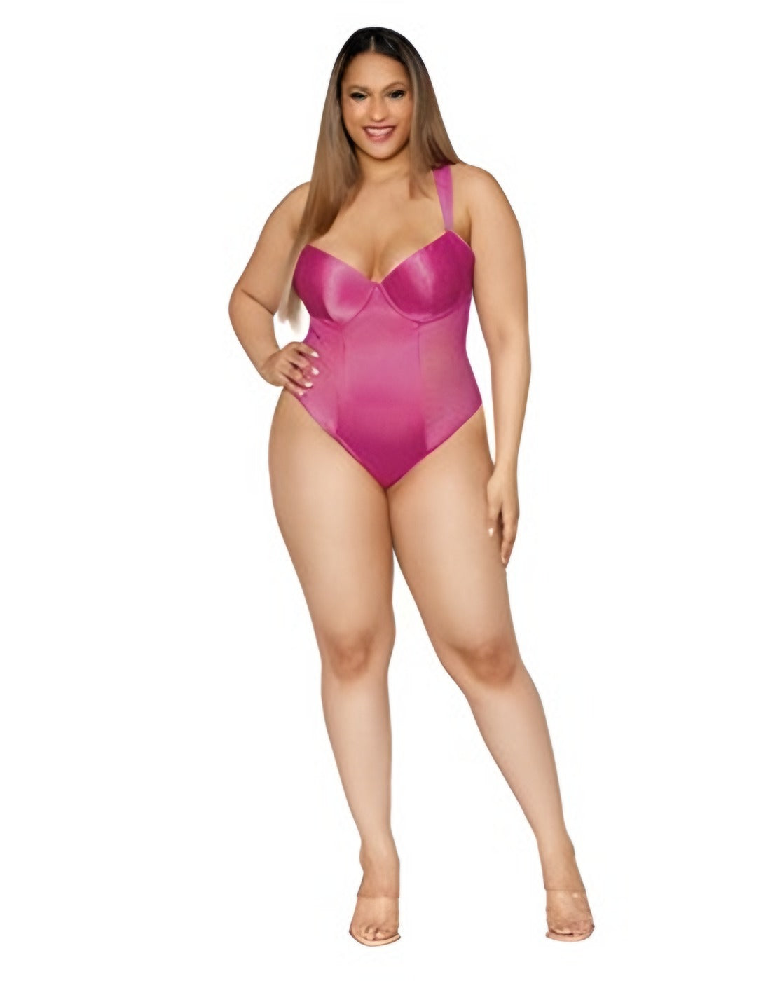 Satin Lace Teddy Fushia Plus