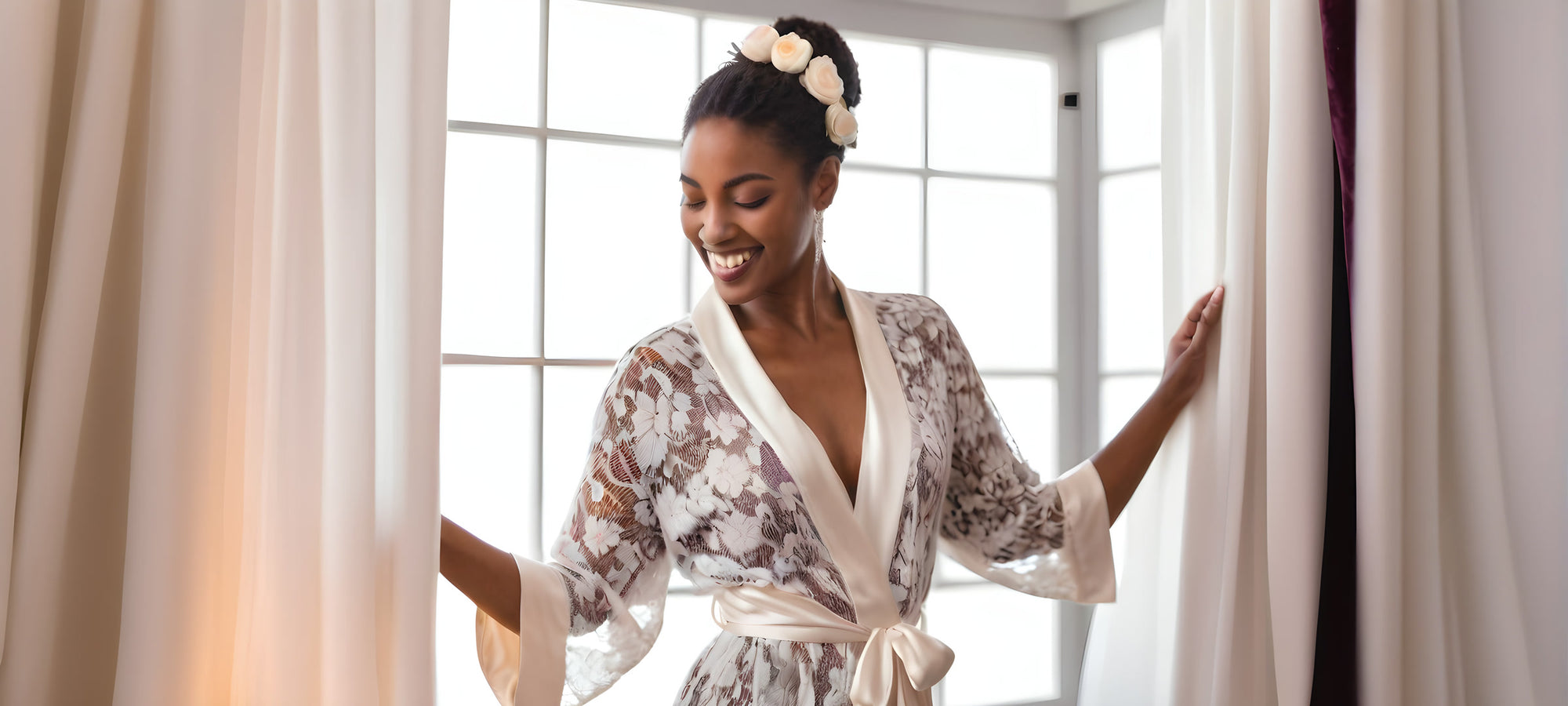 Bride in a white floral lace robe with a satin sash, smiling by a bright window