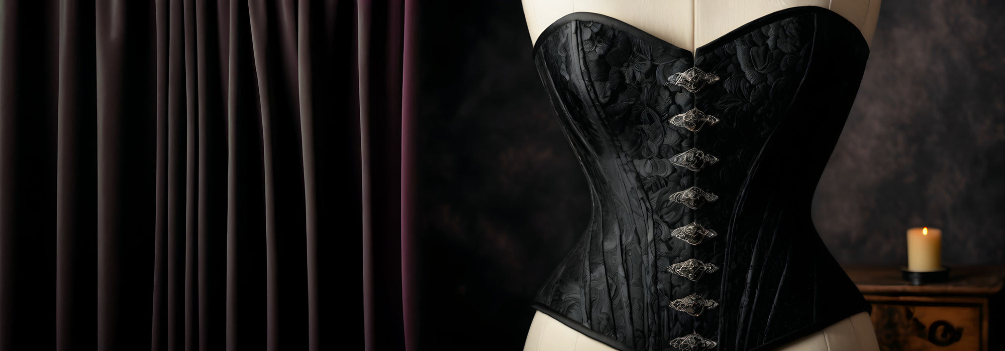 Black floral lace brocade overbust corset with a silver busk closure on a dress form, candlelit