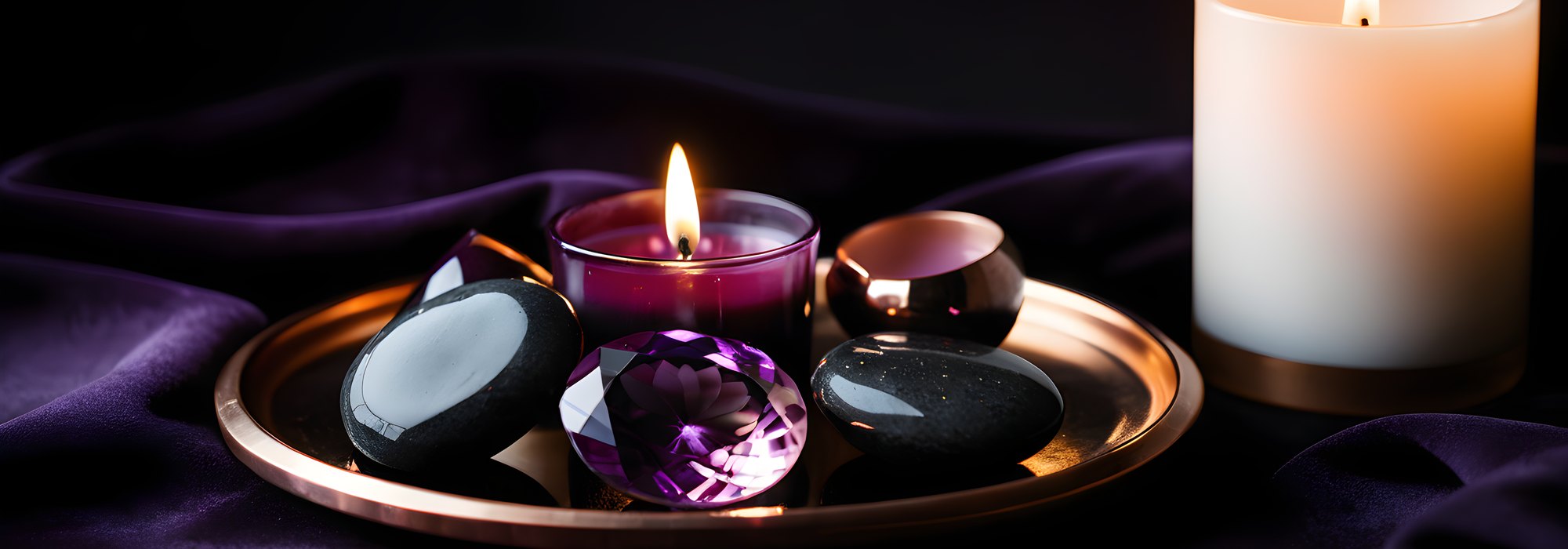 Black stones and an amethyst on black velvet