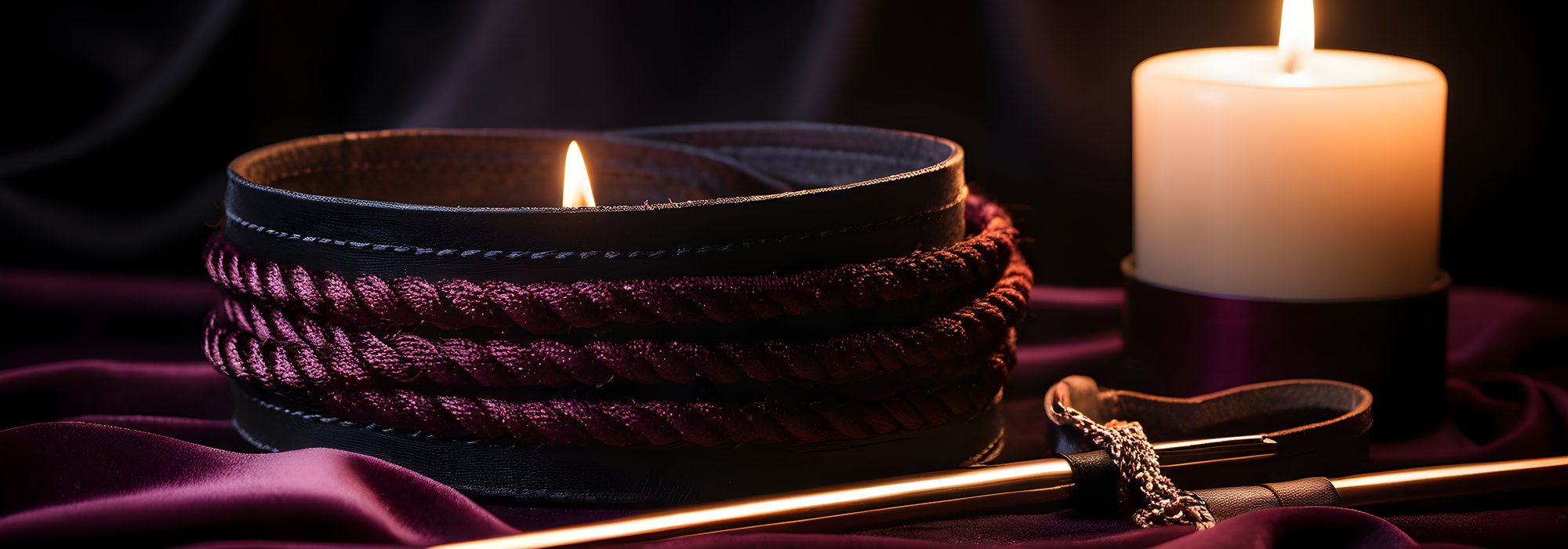 Leather cuffs, silk rope and blindfold on plum velvet