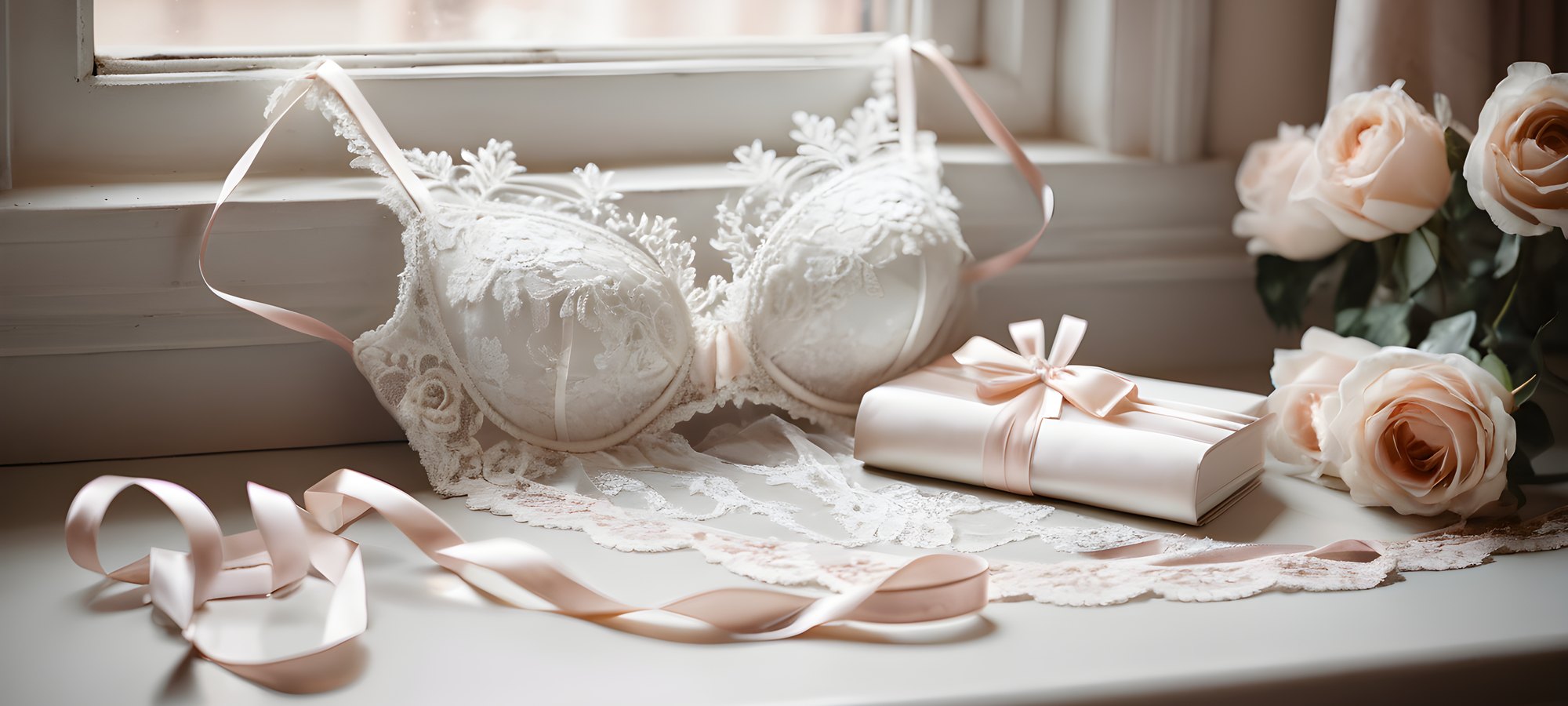 Bridal lingerie and wedding night: white lace, garter and pearls on ivory satin