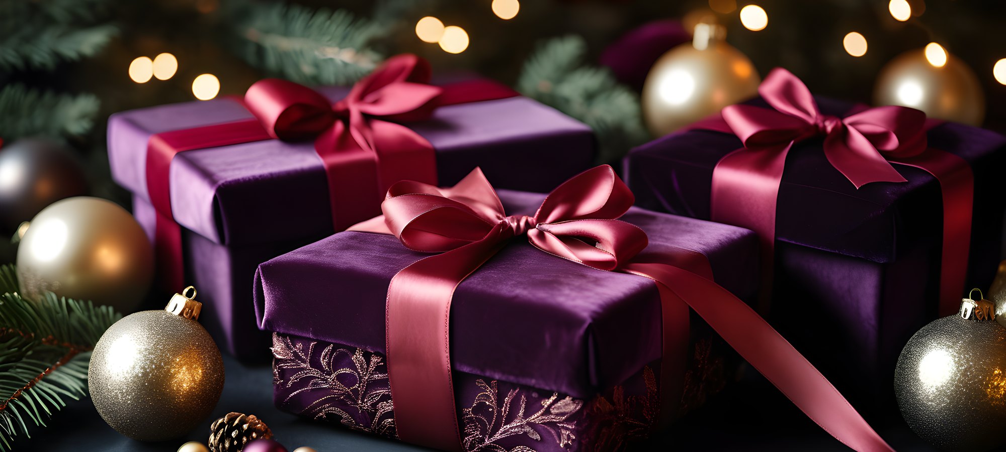 Christmas lingerie and gifts: red satin ribbon gift boxes, gold ornaments and black lace on plum velvet