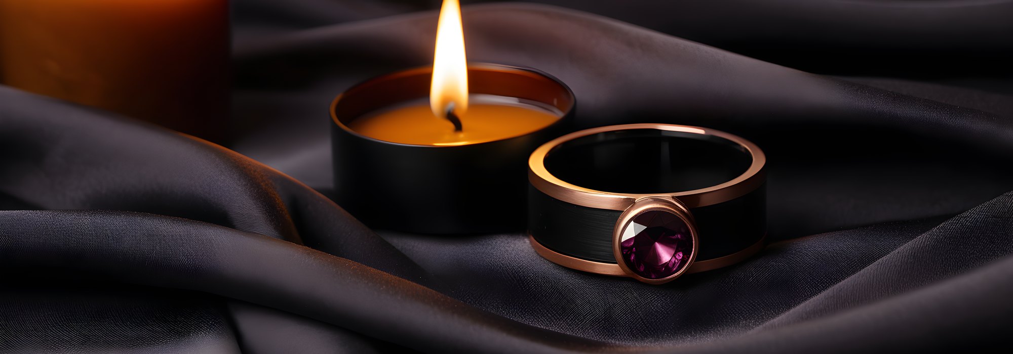Sleek black ring on charcoal satin