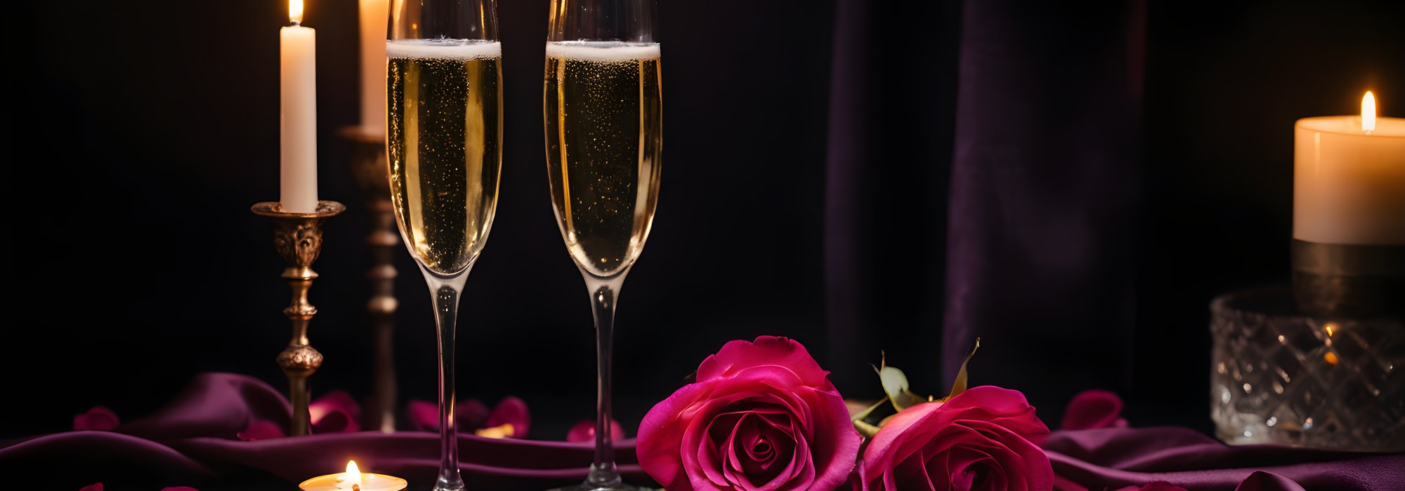 Two champagne glasses and rose petals
