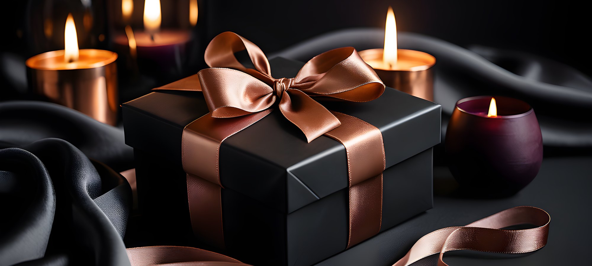 Gifts for boyfriend: black gift box with rose-gold ribbon on charcoal satin