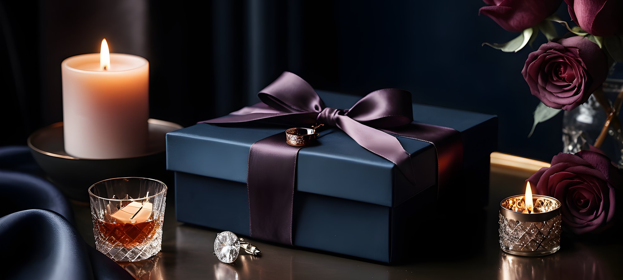 Gifts for husband: black gift box, whisky glass and cufflinks on navy satin