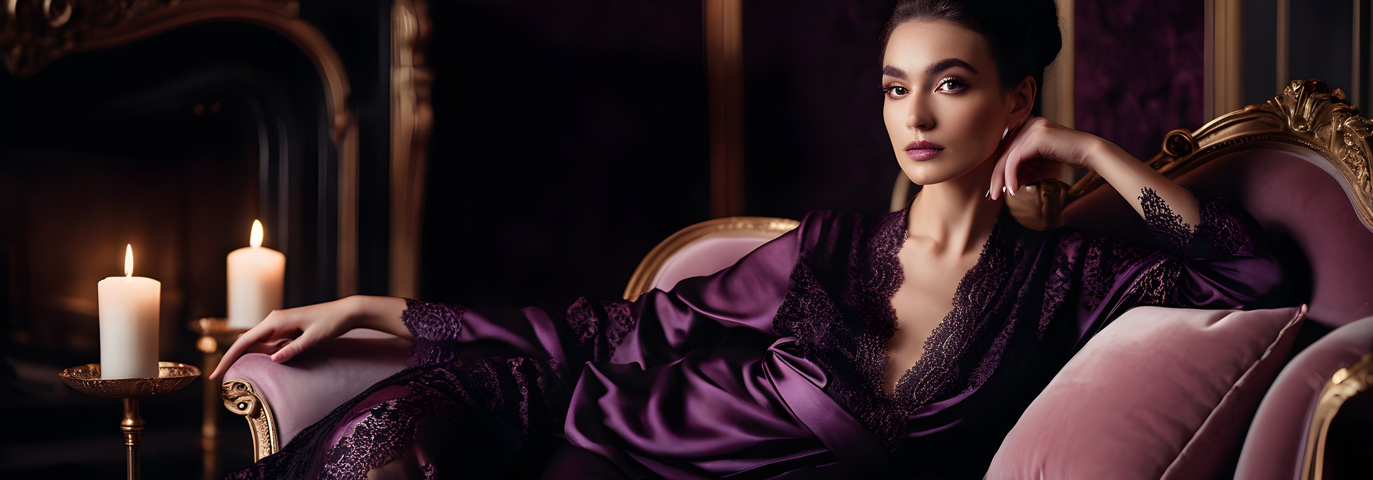 Lingerie: model in a black lace robe on plum velvet