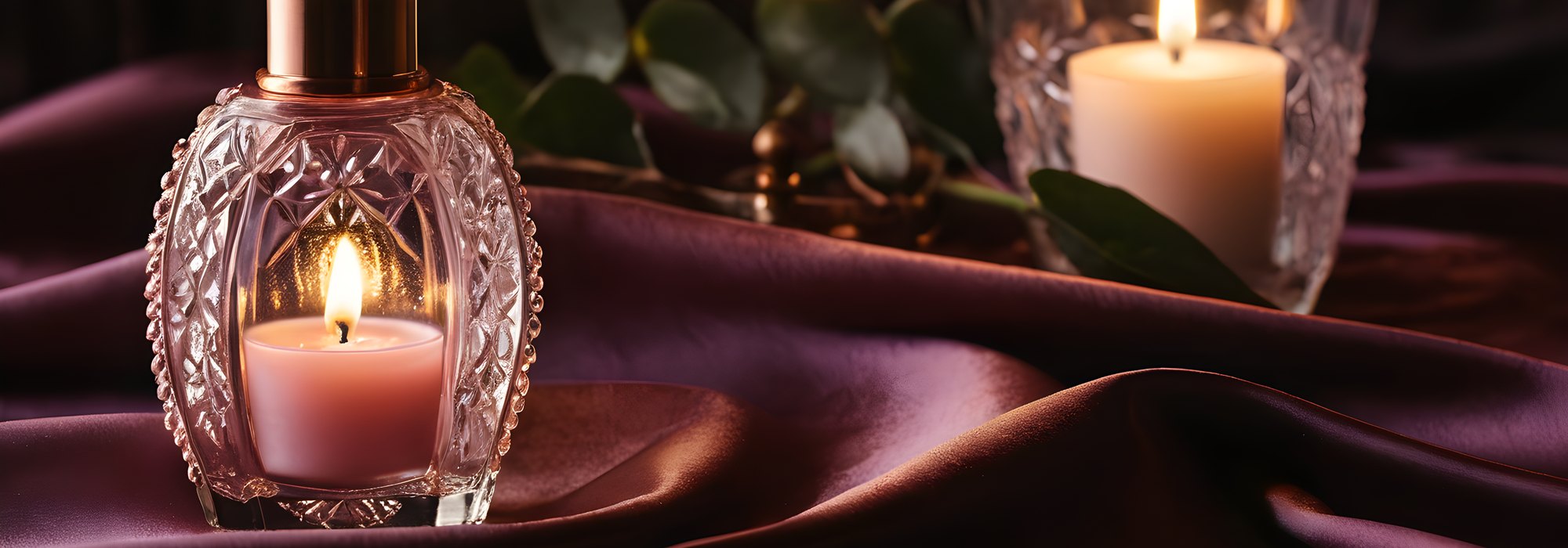 Glass bottle and clear droplets on blush satin