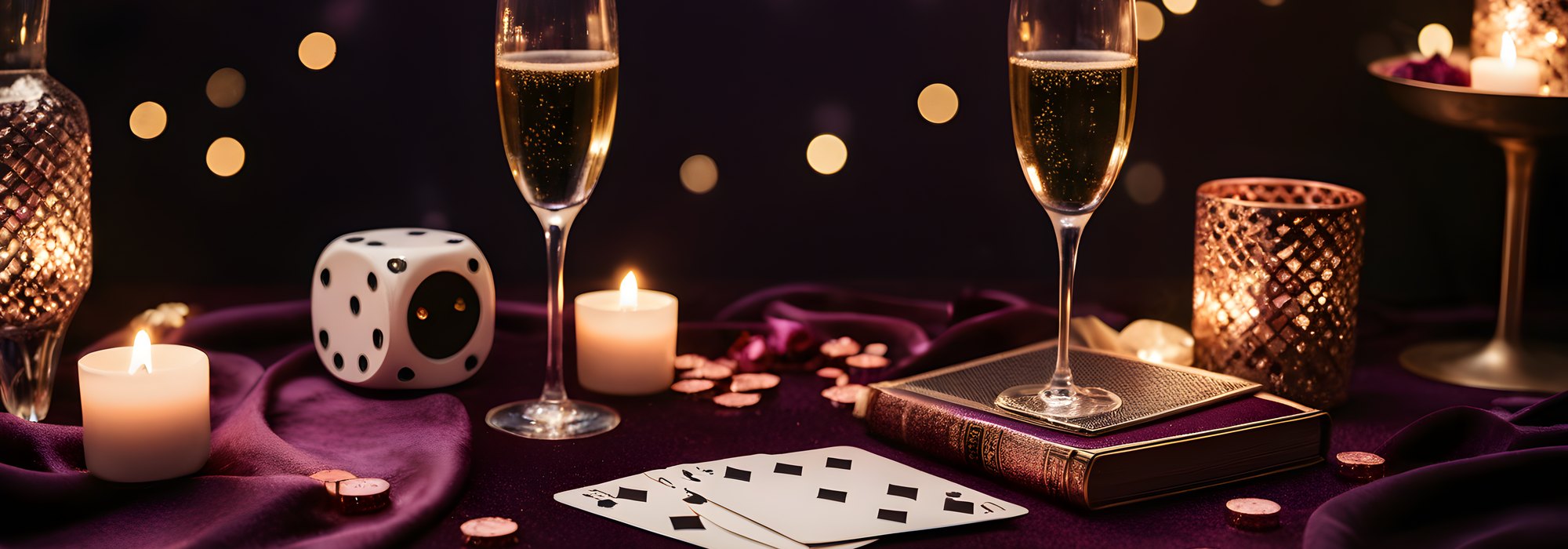 Dice, cards and champagne on plum velvet