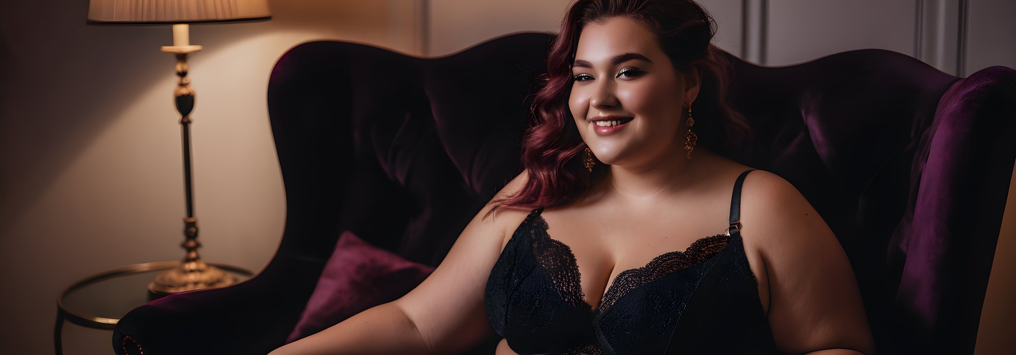 Plus-size lingerie: curvy model in black lace and a satin robe