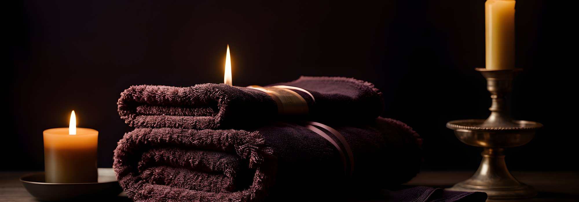 Massage oil, towel and candle on plum satin