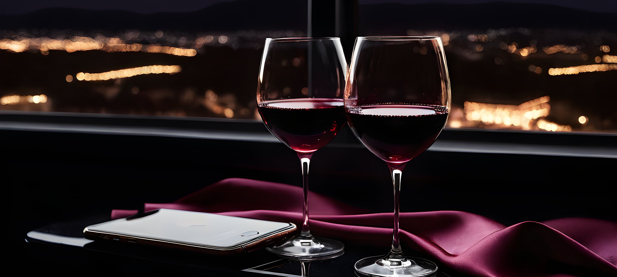 Remote control and long-distance toys guide: two wine glasses, a phone on satin and city lights