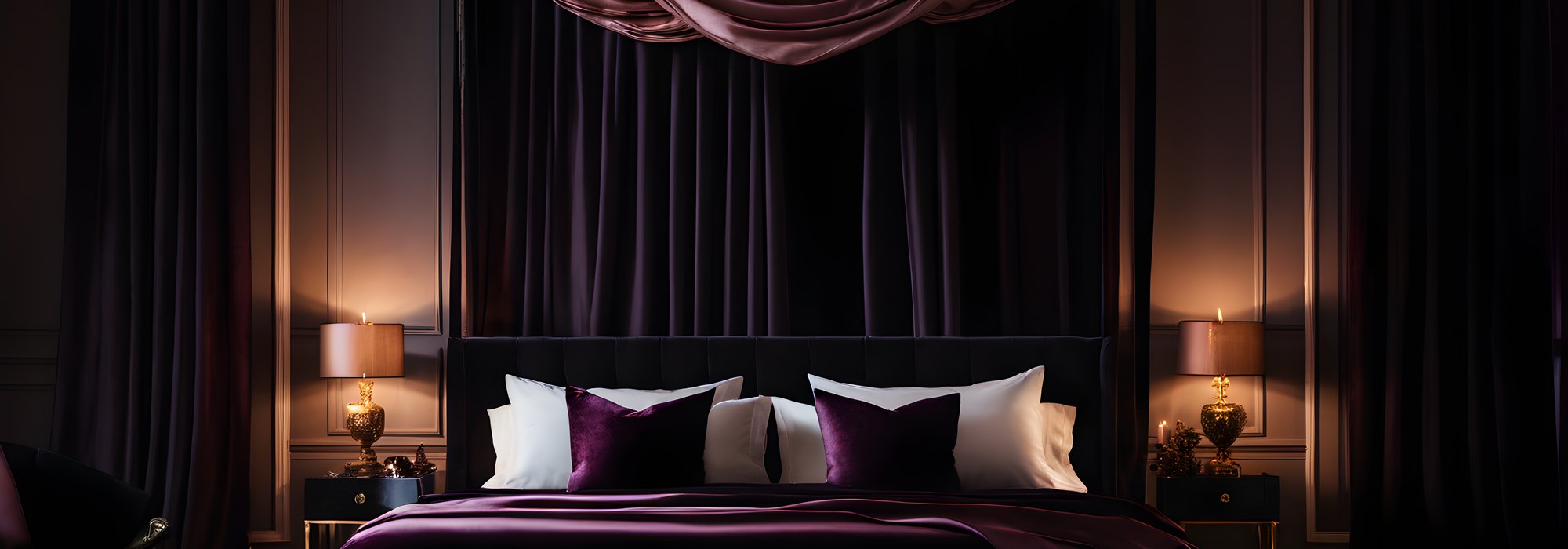 Silk ribbons hanging over black satin in a plum bedroom