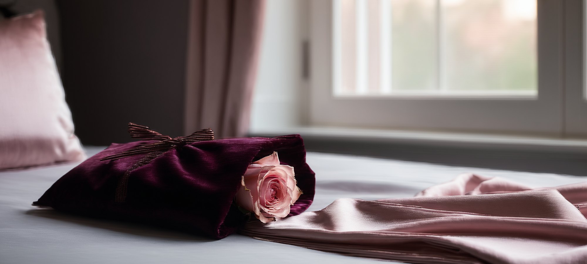 Sex toys for beginners guide: soft blush satin, a single rose and a velvet pouch