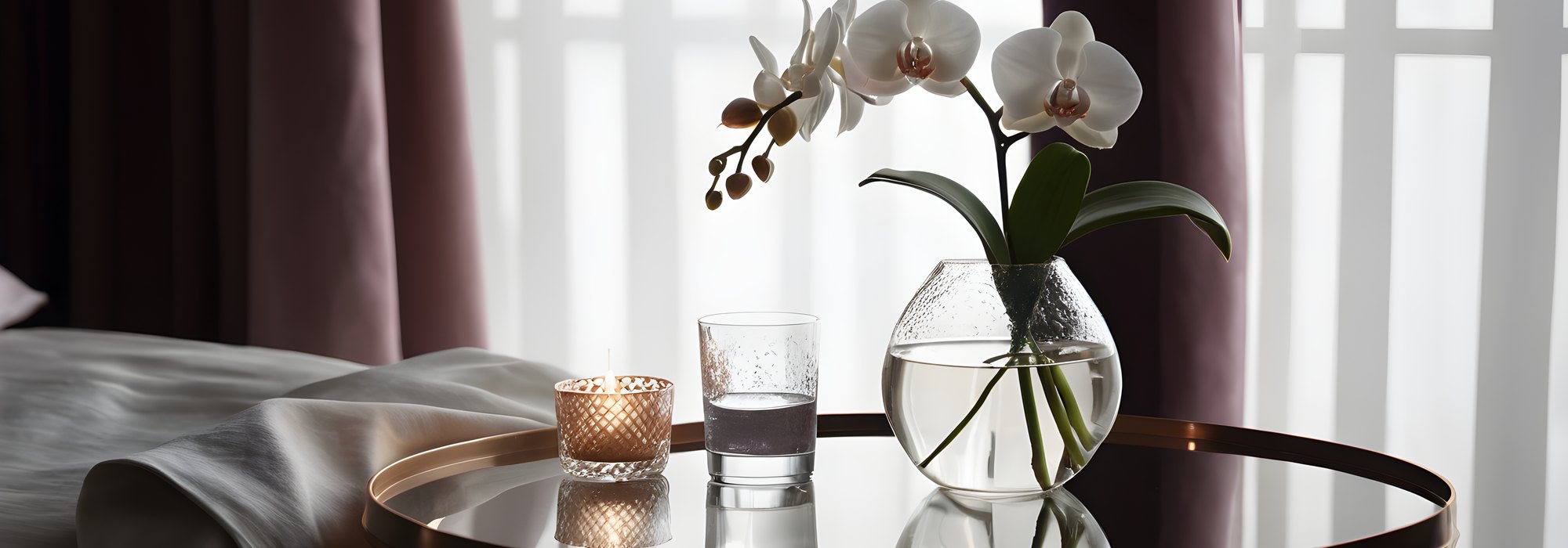 White orchid and a glass of water on linen