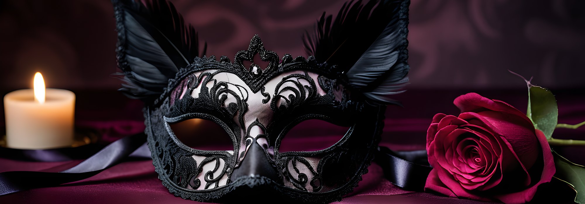 Cat ears, lace mask and devil horns on plum velvet
