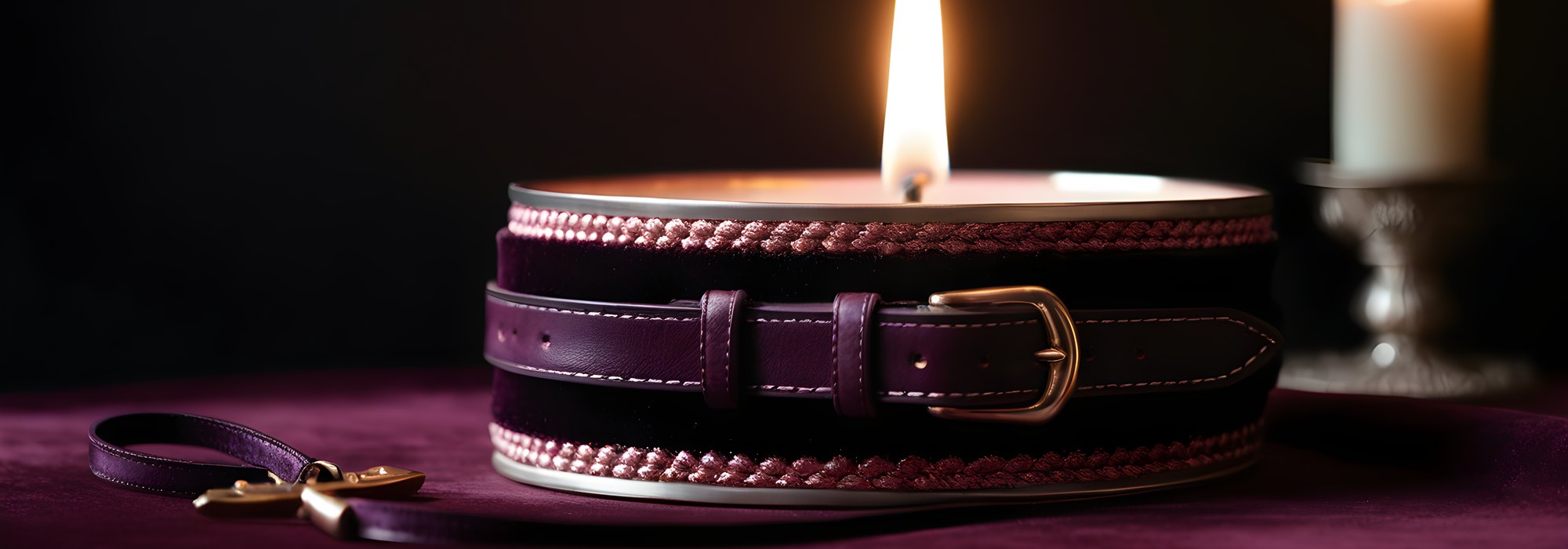 Black leather straps and silver buckles on plum velvet