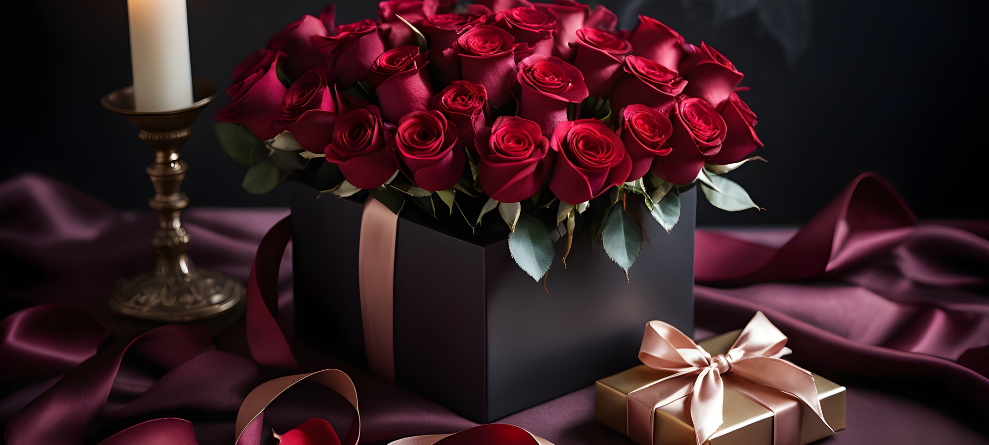 Valentine's Day gifts: red satin, roses and a ribboned gift box in candlelight