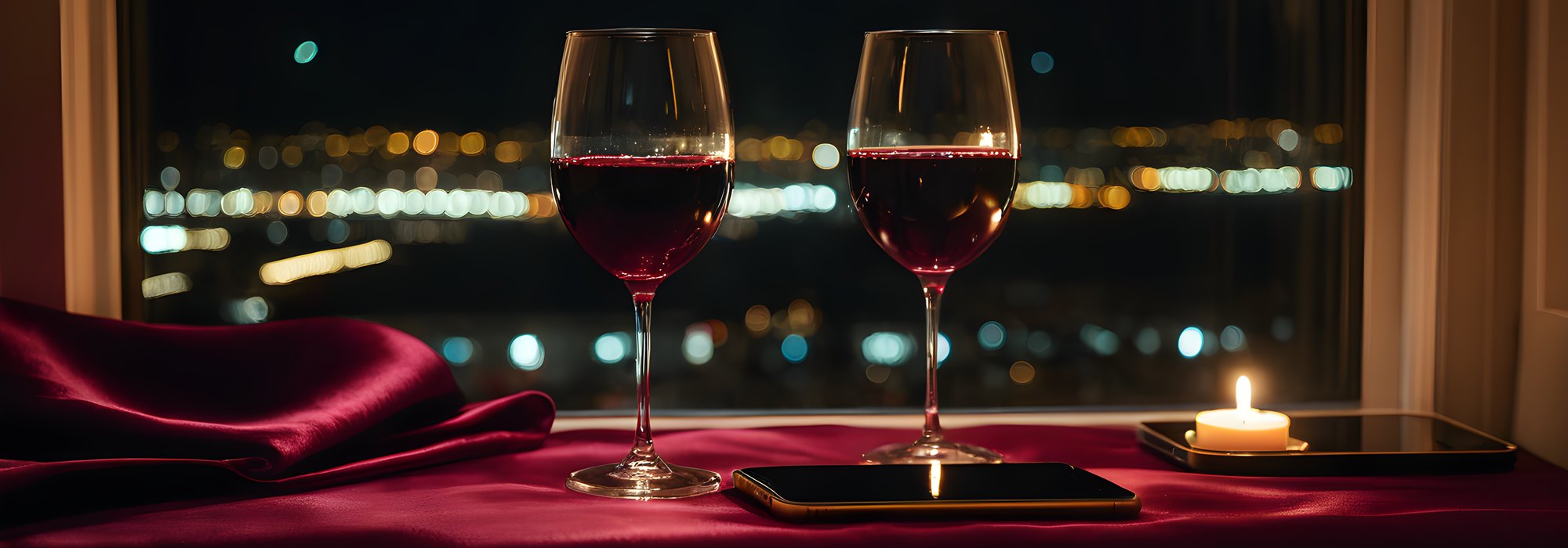 Two wine glasses and a phone on plum satin