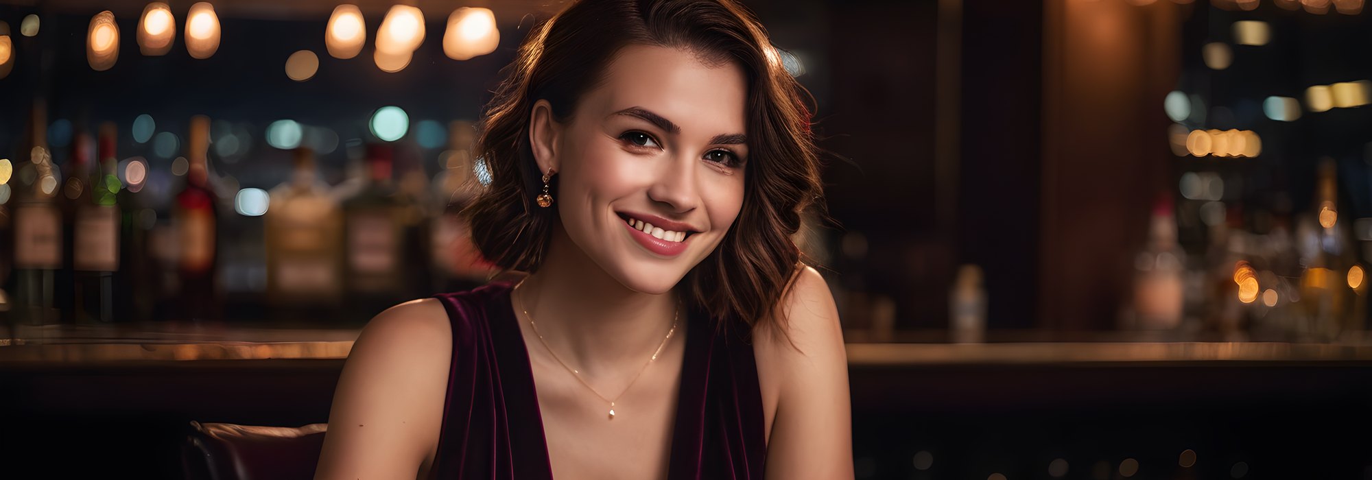Woman in a black dress at night with city lights