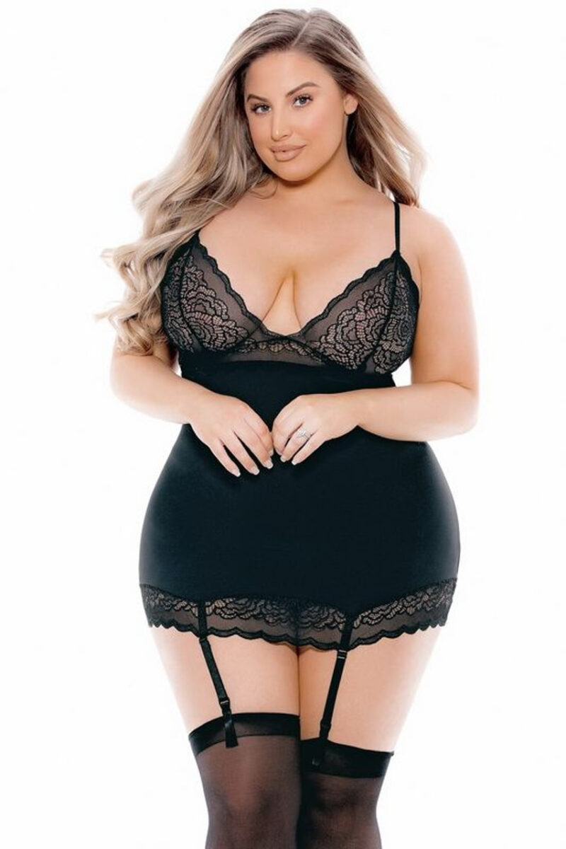 LACE BUSTIER W/HOSE BLK PLUS - Image 2